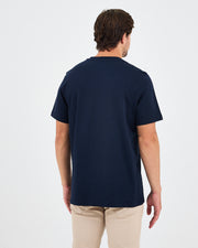 Unisex Lacivert Beyaz Aplike Logo Organik Pamuk Standart Kesim Bisiklet Yaka T-shirt