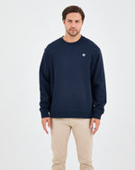 Unisex Lacivert Beyaz Aplike Logo Organik Pamuk Rahat Kalıp Bisiklet Yaka Sweatshirt