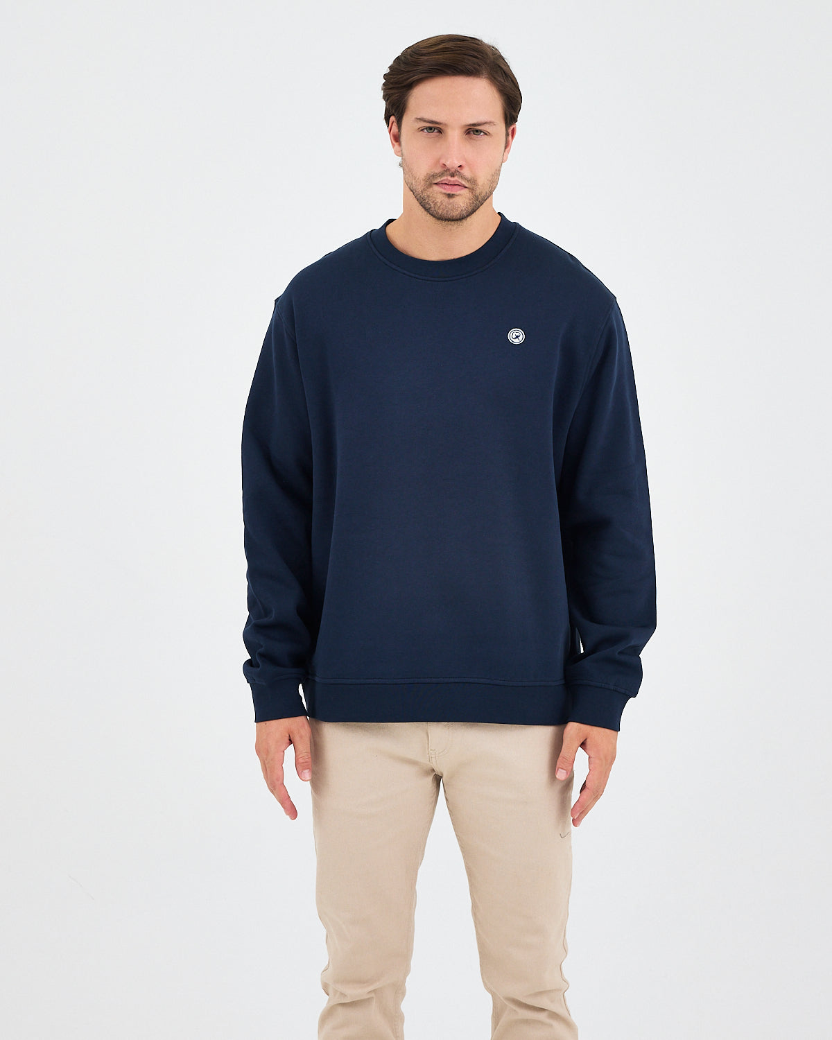 Unisex Lacivert Beyaz Aplike Logo Organik Pamuk Rahat Kalıp Bisiklet Yaka Sweatshirt