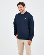 Unisex Lacivert Beyaz Aplike Logo Organik Pamuk Rahat Kalıp Bisiklet Yaka Sweatshirt