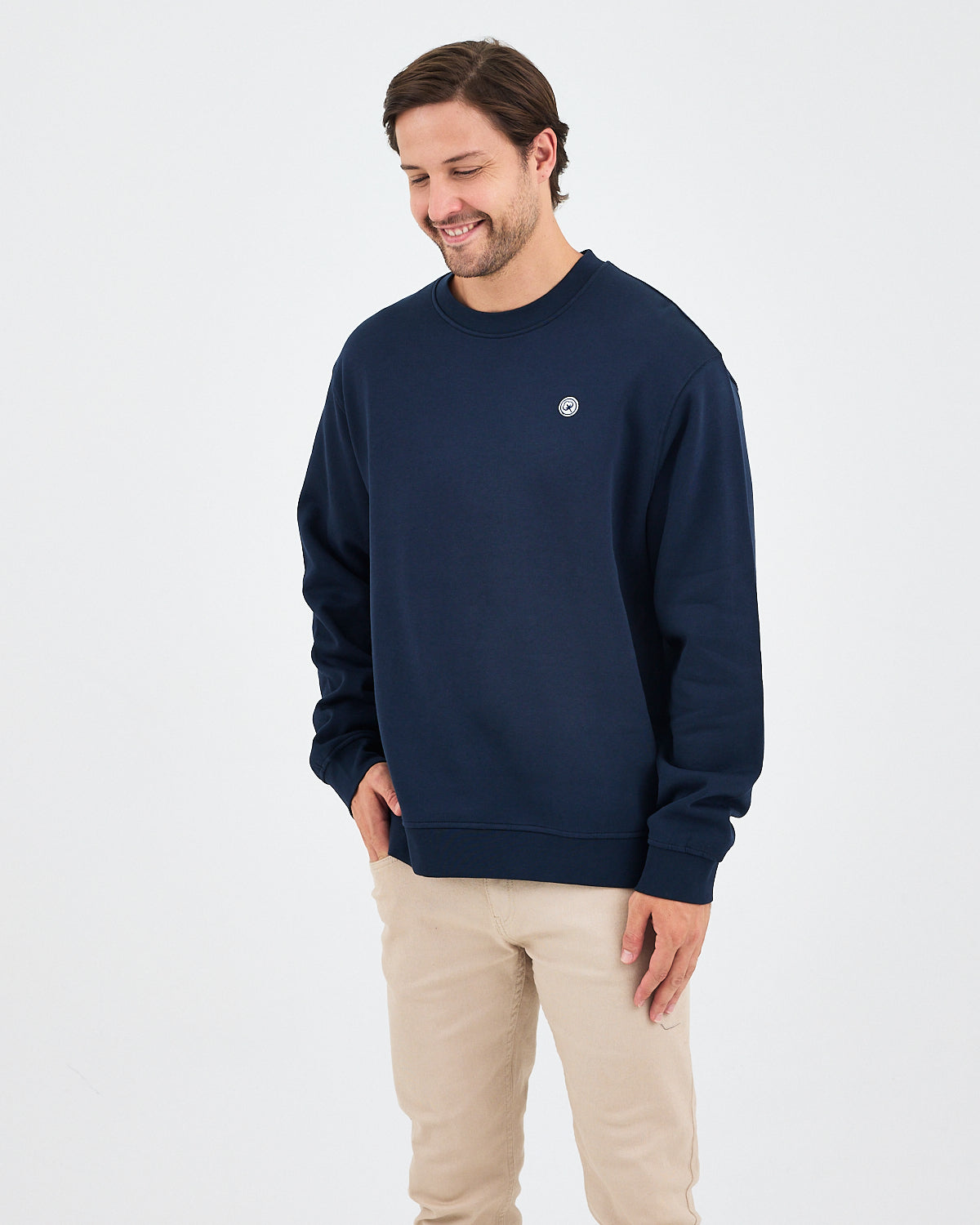 Unisex Lacivert Beyaz Aplike Logo Organik Pamuk Rahat Kalıp Bisiklet Yaka Sweatshirt