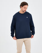 Unisex Lacivert Beyaz Aplike Logo Organik Pamuk Rahat Kalıp Bisiklet Yaka Sweatshirt