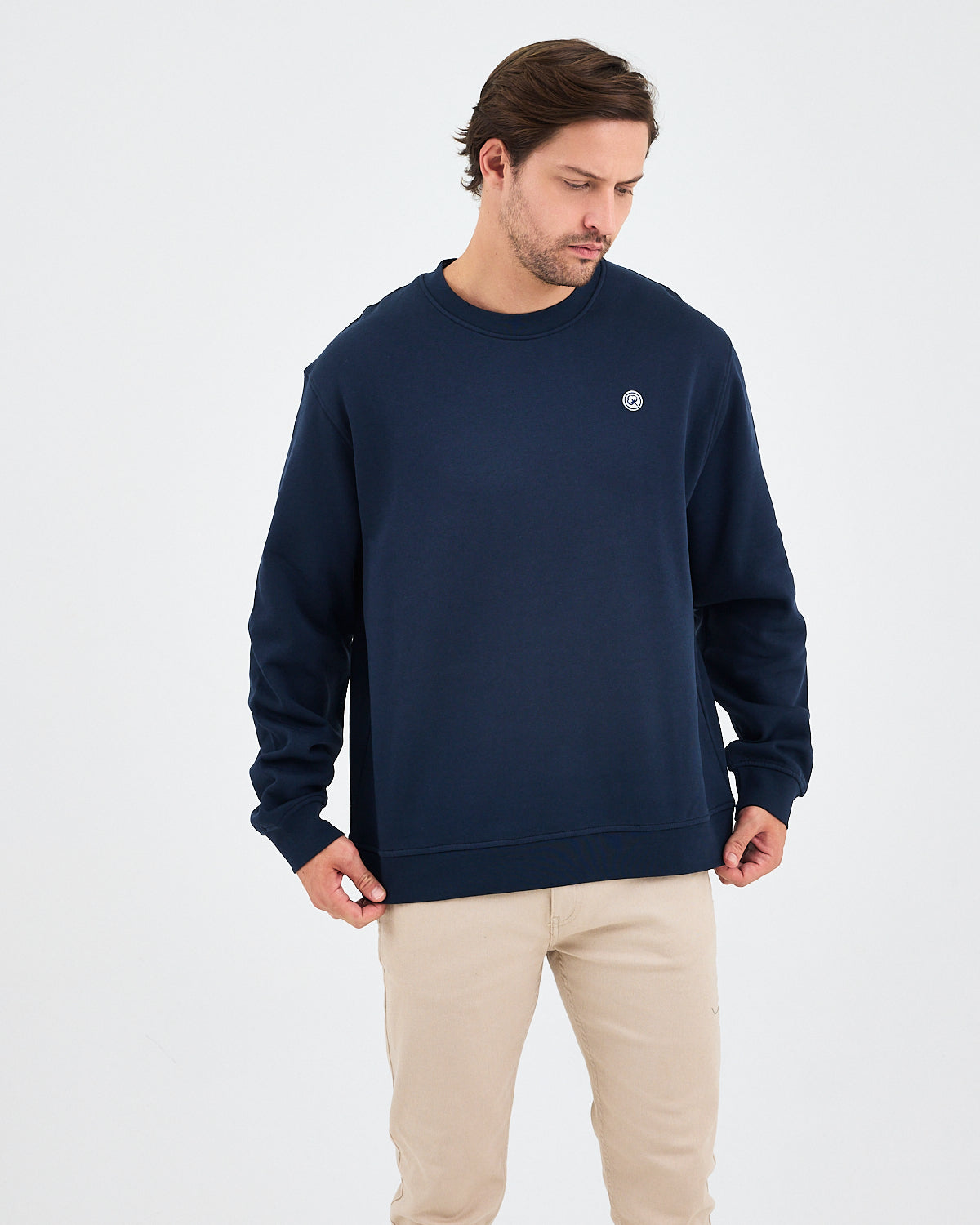 Unisex Lacivert Beyaz Aplike Logo Organik Pamuk Rahat Kalıp Bisiklet Yaka Sweatshirt