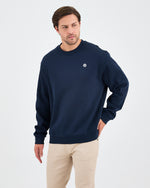 Unisex Lacivert Beyaz Aplike Logo Organik Pamuk Rahat Kalıp Bisiklet Yaka Sweatshirt