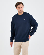 Unisex Lacivert Beyaz Aplike Logo Organik Pamuk Rahat Kalıp Bisiklet Yaka Sweatshirt