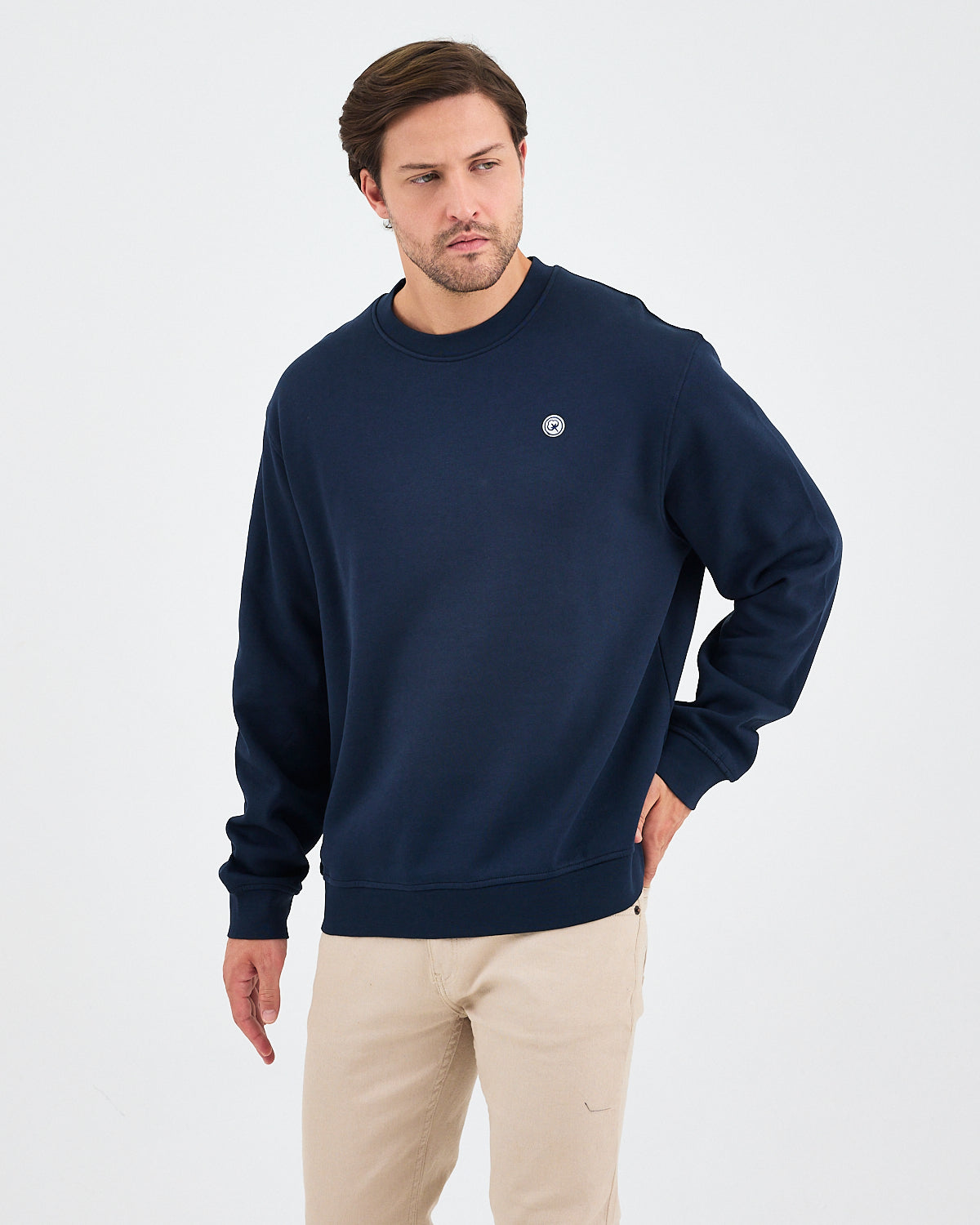 Unisex Lacivert Beyaz Aplike Logo Organik Pamuk Rahat Kalıp Bisiklet Yaka Sweatshirt