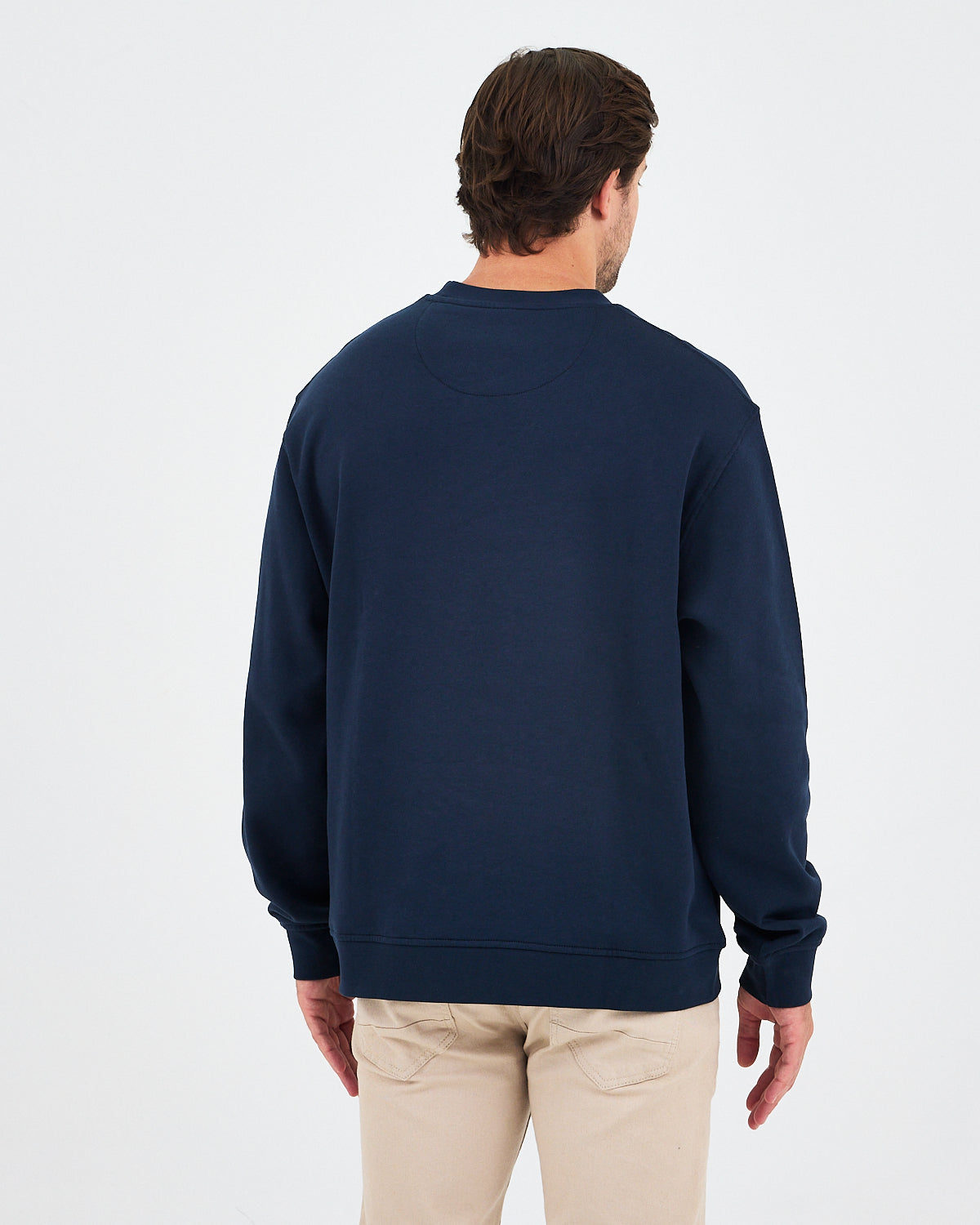 Unisex Lacivert Beyaz Aplike Logo Organik Pamuk Rahat Kalıp Bisiklet Yaka Sweatshirt