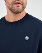 Unisex Lacivert Beyaz Aplike Logo Organik Pamuk Rahat Kalıp Bisiklet Yaka Sweatshirt