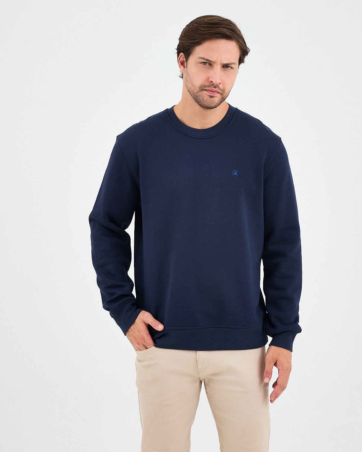 Unisex Blue Embroidered Crew Neck Organic Cotton Recycled Polyester Standard Fit Sweatshirt -1010904