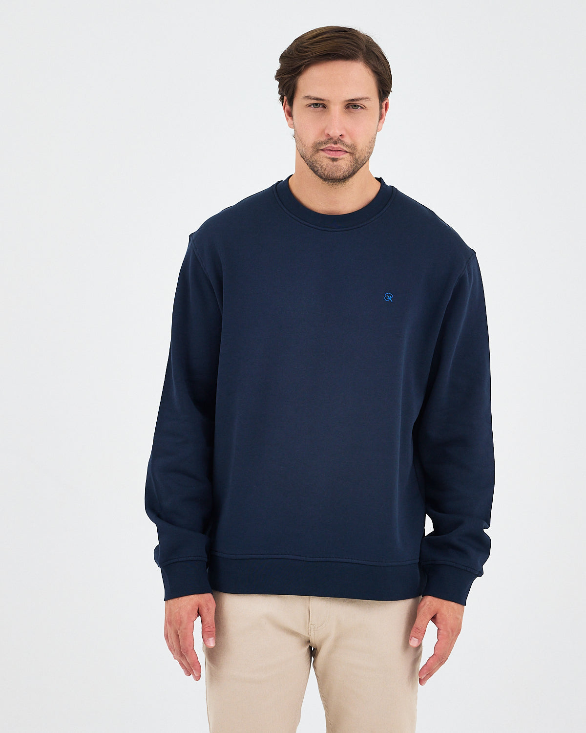 Unisex Blue Embroidered Crew Neck Organic Cotton Relaxed Fit Oversize Sweatshirt -1011104