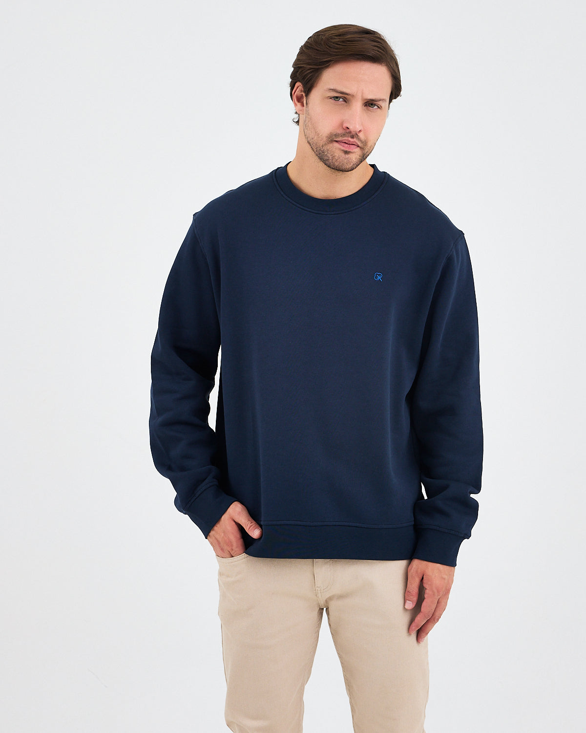 Unisex Blue Embroidered Crew Neck Organic Cotton Relaxed Fit Oversize Sweatshirt -1011104