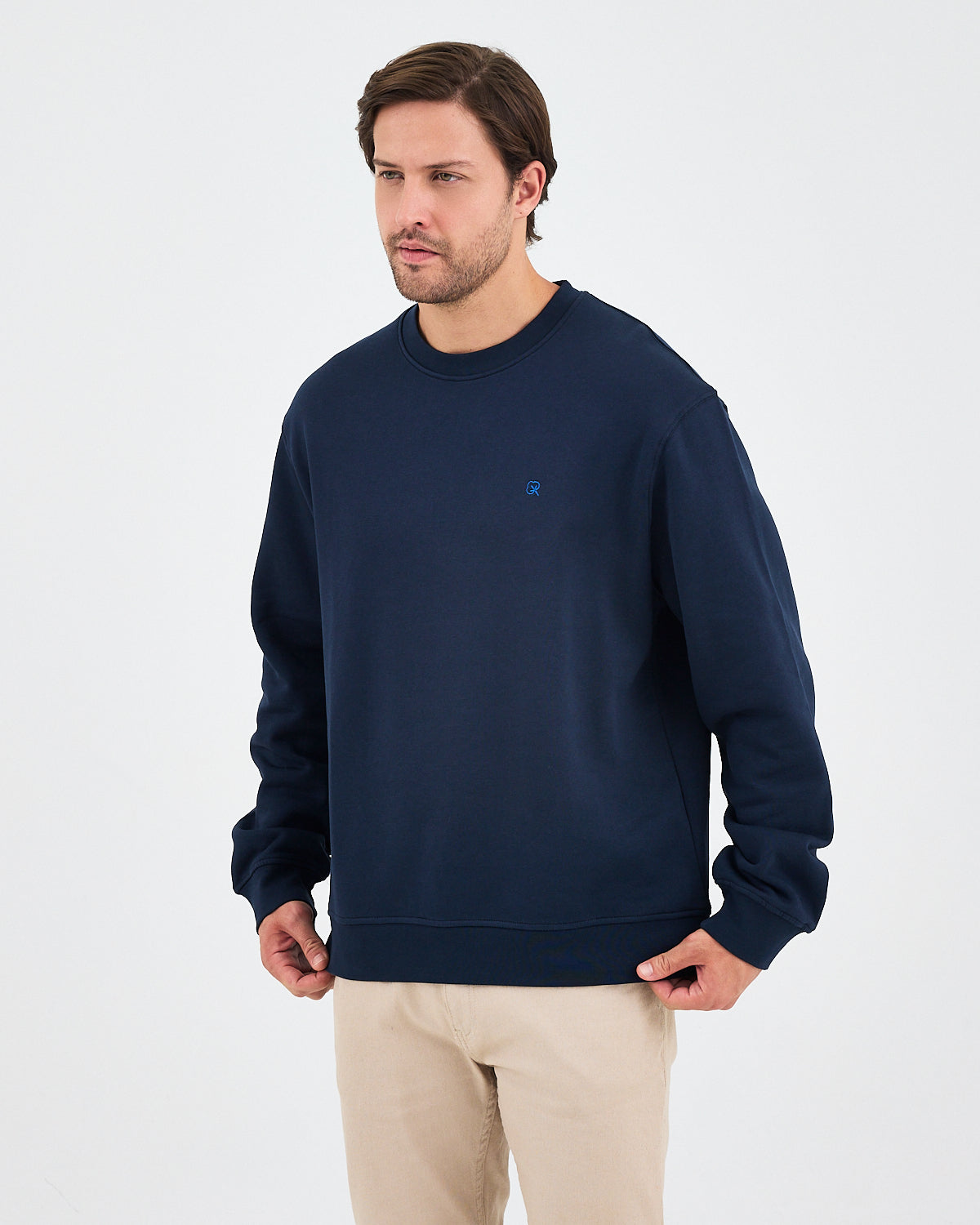 Unisex Blue Embroidered Crew Neck Organic Cotton Relaxed Fit Oversize Sweatshirt -1011104