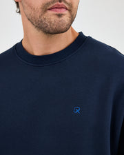 Unisex Blue Embroidered Crew Neck Organic Cotton Relaxed Fit Oversize Sweatshirt -1011104