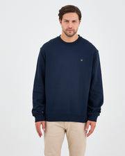 Unisex Lacivert Sarı Nakışlı Rahat Kalıp Organik Pamuk Bisiklet Yaka Sweatshirt