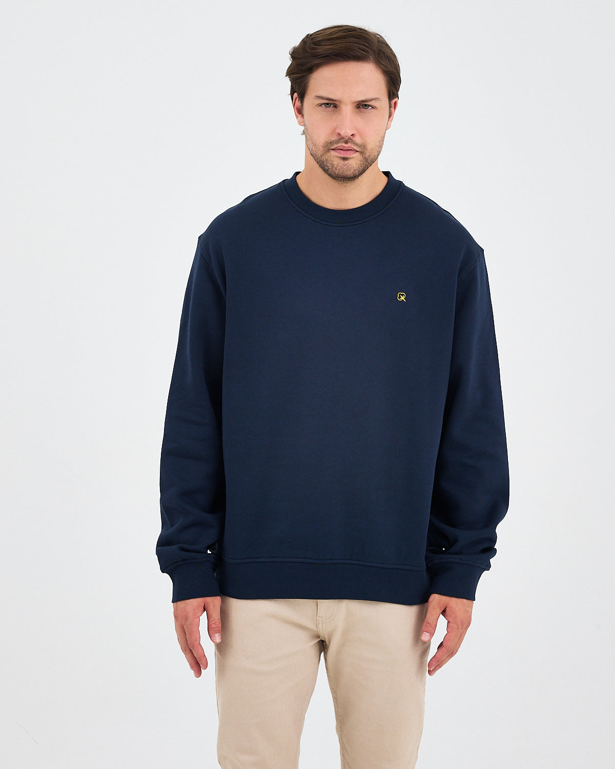 Unisex Lacivert Sarı Nakışlı Rahat Kalıp Organik Pamuk Bisiklet Yaka Sweatshirt
