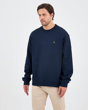 Unisex Lacivert Sarı Nakışlı Rahat Kalıp Organik Pamuk Bisiklet Yaka Sweatshirt