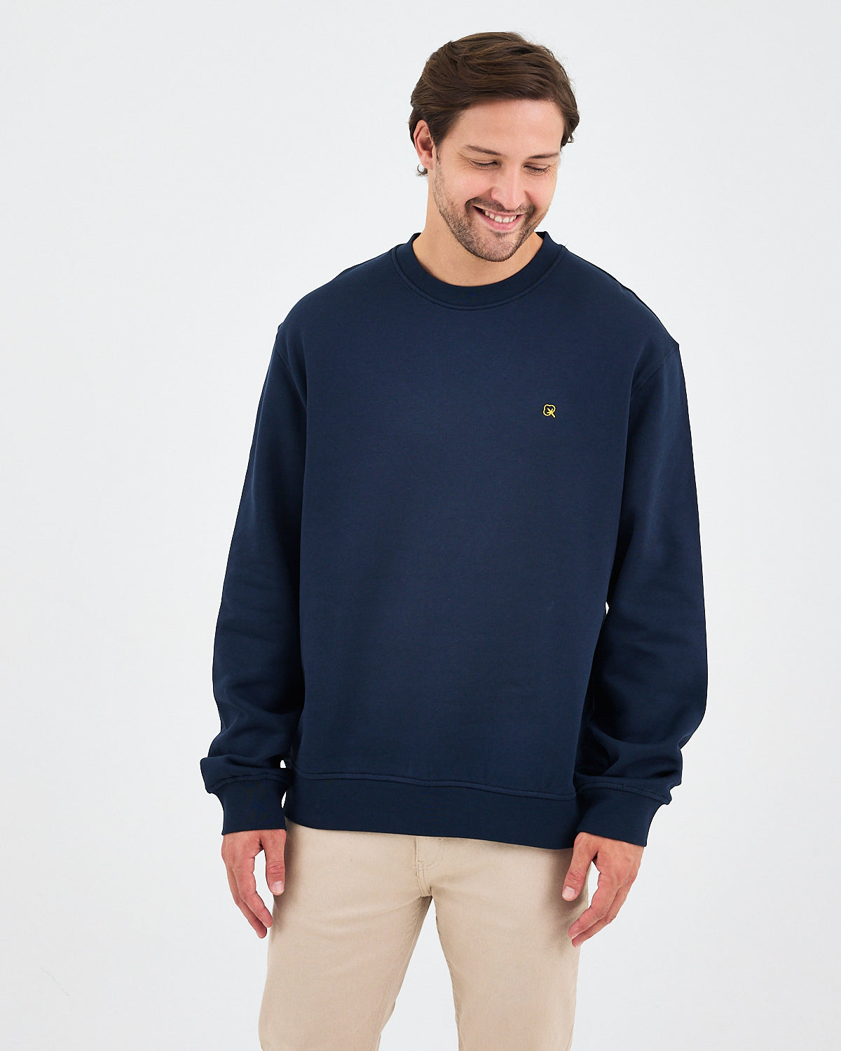 Unisex Lacivert Sarı Nakışlı Rahat Kalıp Organik Pamuk Bisiklet Yaka Sweatshirt