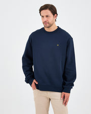 Unisex Lacivert Sarı Nakışlı Rahat Kalıp Organik Pamuk Bisiklet Yaka Sweatshirt