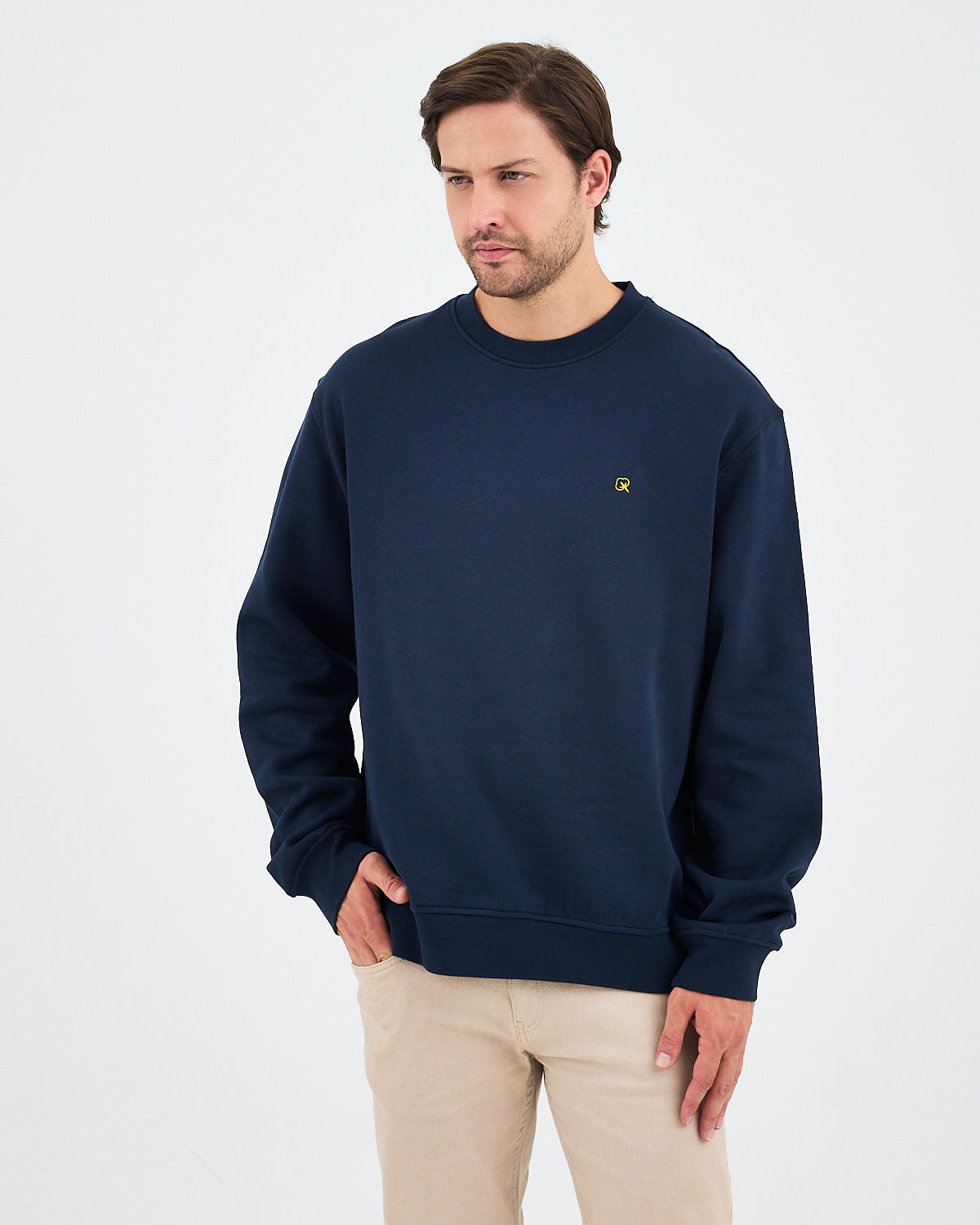 Unisex Lacivert Sarı Nakışlı Rahat Kalıp Organik Pamuk Bisiklet Yaka Sweatshirt