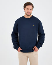 Unisex Lacivert Sarı Nakışlı Rahat Kalıp Organik Pamuk Bisiklet Yaka Sweatshirt