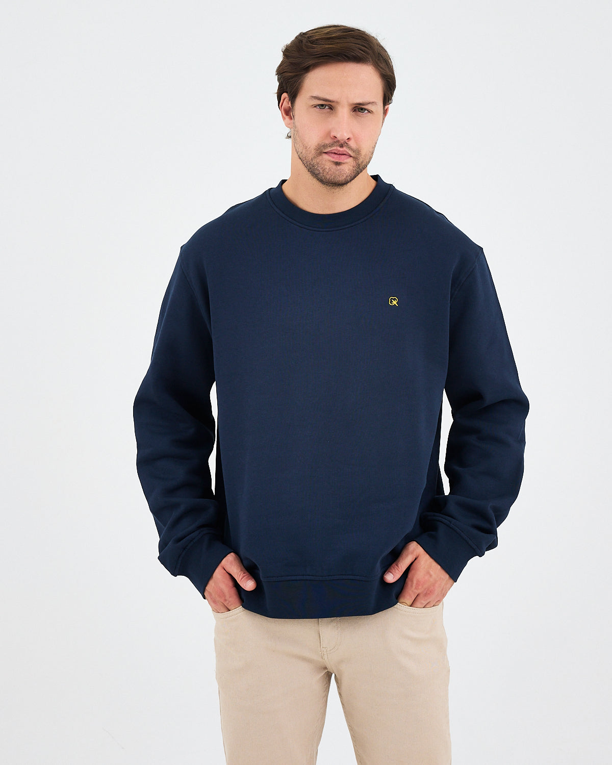 Unisex Lacivert Sarı Nakışlı Rahat Kalıp Organik Pamuk Bisiklet Yaka Sweatshirt