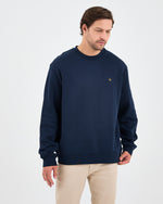 Unisex Lacivert Sarı Nakışlı Rahat Kalıp Organik Pamuk Bisiklet Yaka Sweatshirt