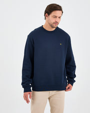 Unisex Lacivert Sarı Nakışlı Rahat Kalıp Organik Pamuk Bisiklet Yaka Sweatshirt
