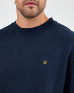 Unisex Lacivert Sarı Nakışlı Rahat Kalıp Organik Pamuk Bisiklet Yaka Sweatshirt