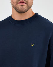 Unisex Lacivert Sarı Nakışlı Rahat Kalıp Organik Pamuk Bisiklet Yaka Sweatshirt