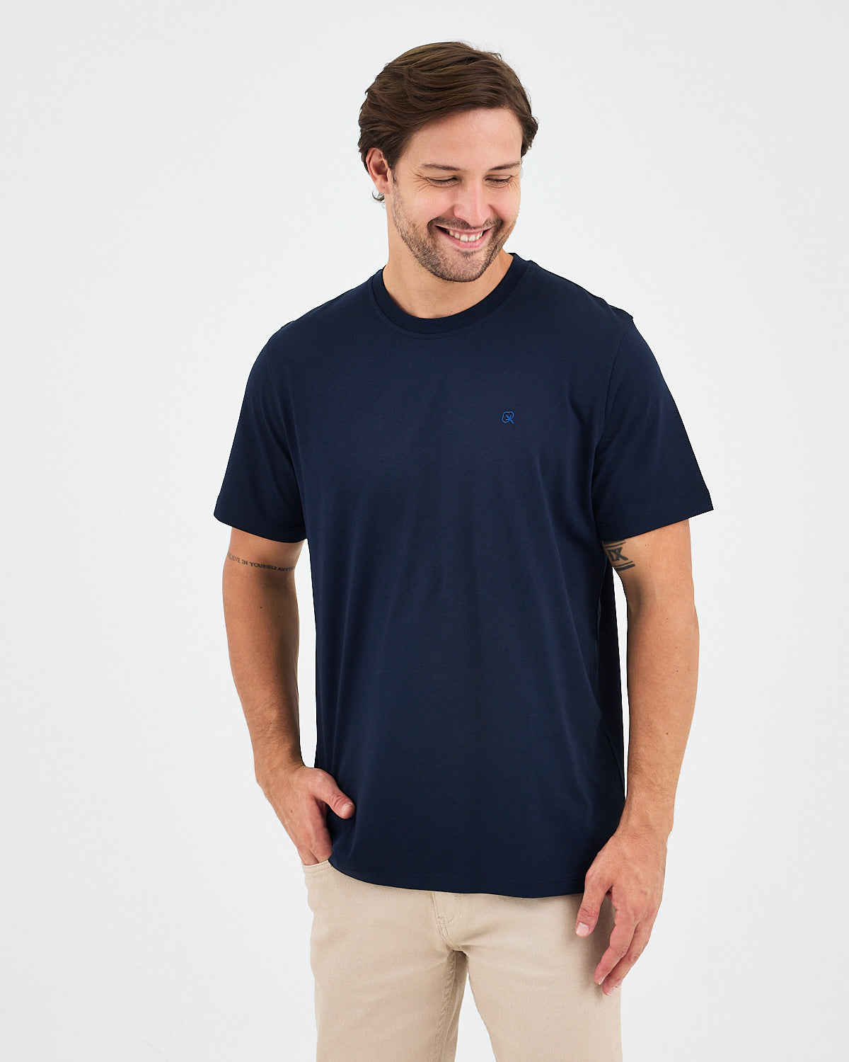 Unisex Blue Embroidered Standard Fit Crew Neck Organic Cotton T-Shirt-1010204