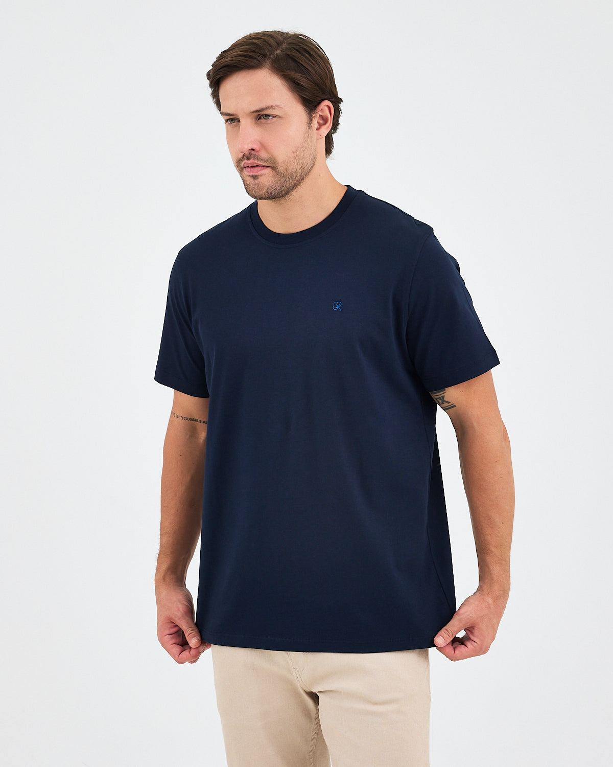 Unisex Blue Embroidered Standard Fit Crew Neck Organic Cotton T-Shirt-1010204