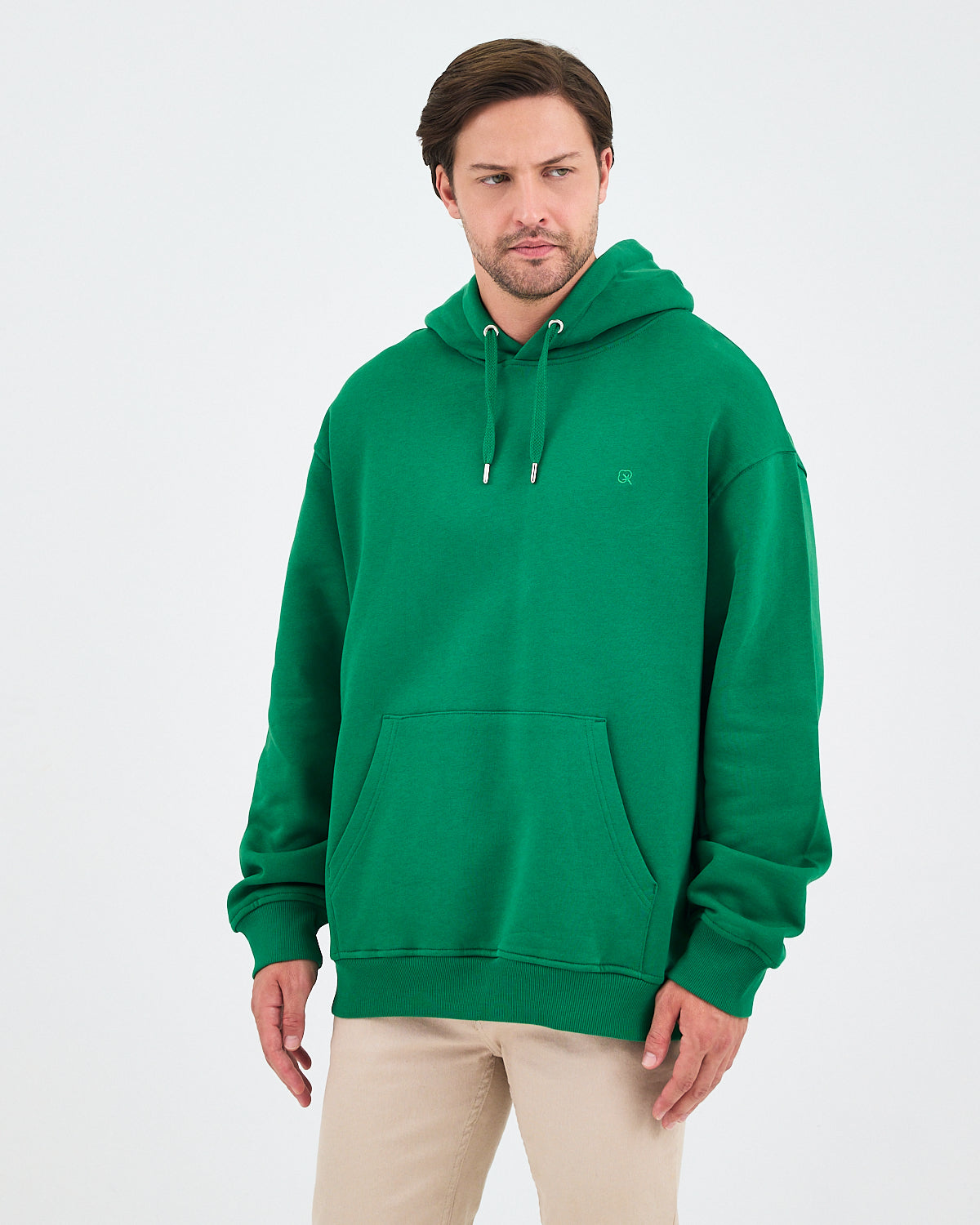 Unisex Yeşil Nakışlı Kapüşonlu Organik Pamuk Oversize Sweatshirt