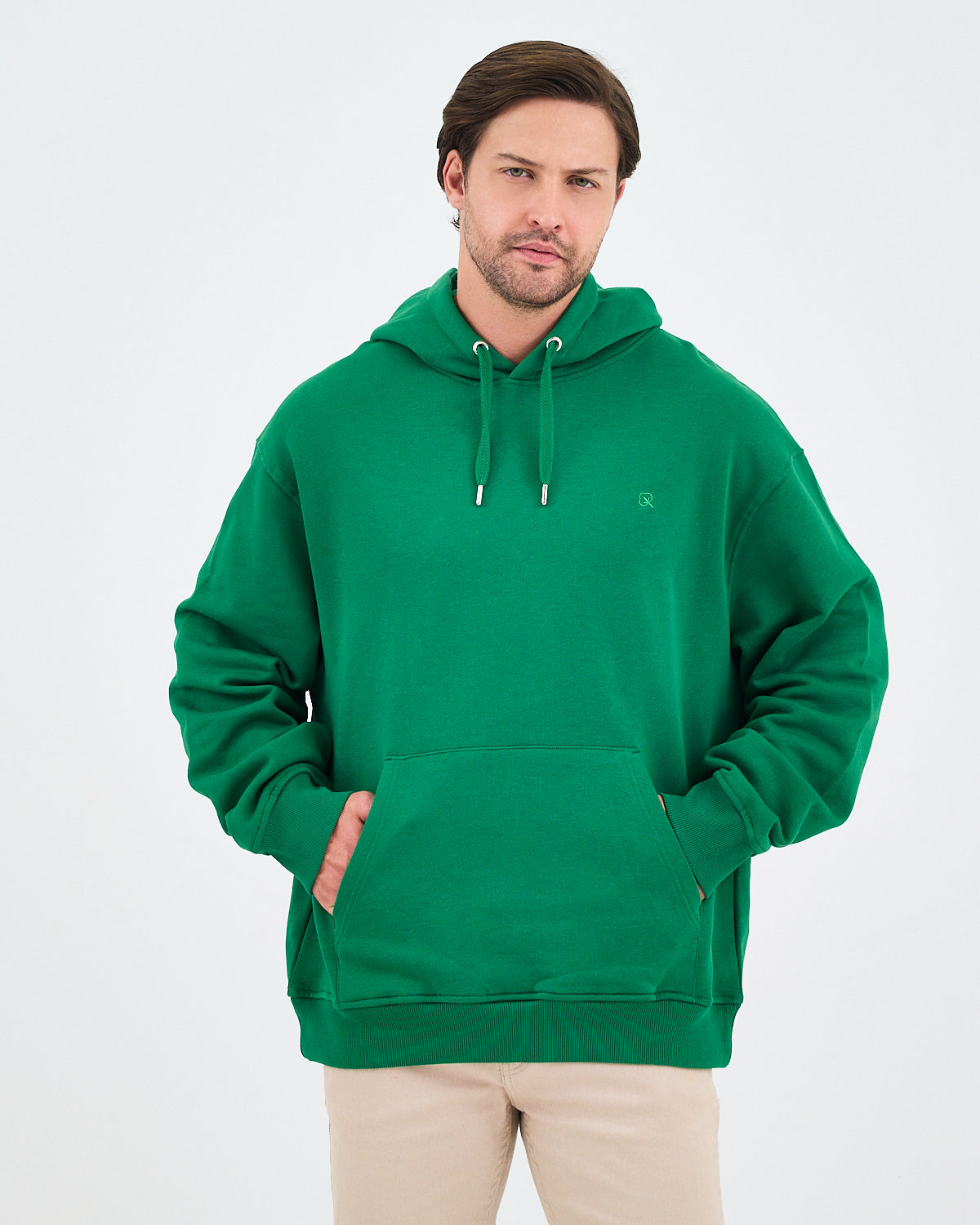 Unisex Yeşil Nakışlı Kapüşonlu Organik Pamuk Oversize Sweatshirt