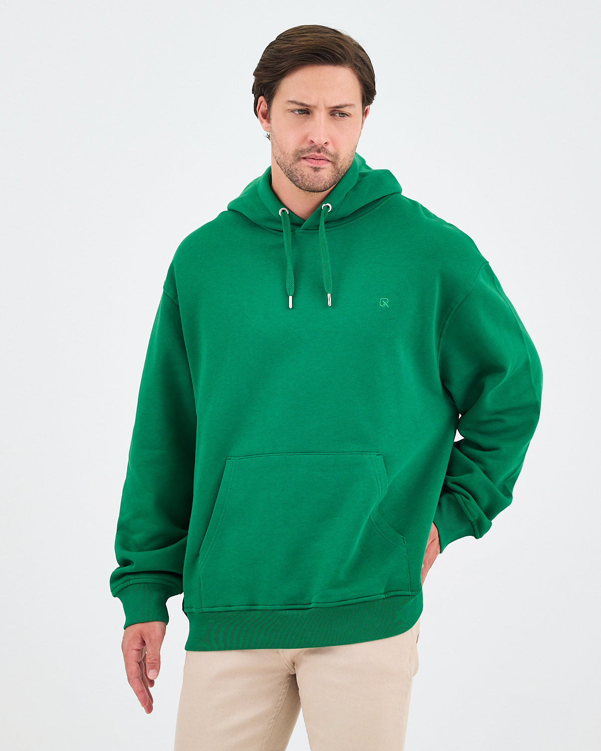 Unisex Yeşil Nakışlı Kapüşonlu Organik Pamuk Oversize Sweatshirt