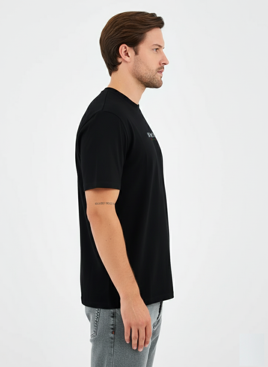 Unisex Siyah Yazı Baskılı Oversize Organik Pamuklu T-Shirt - Happy New Year
