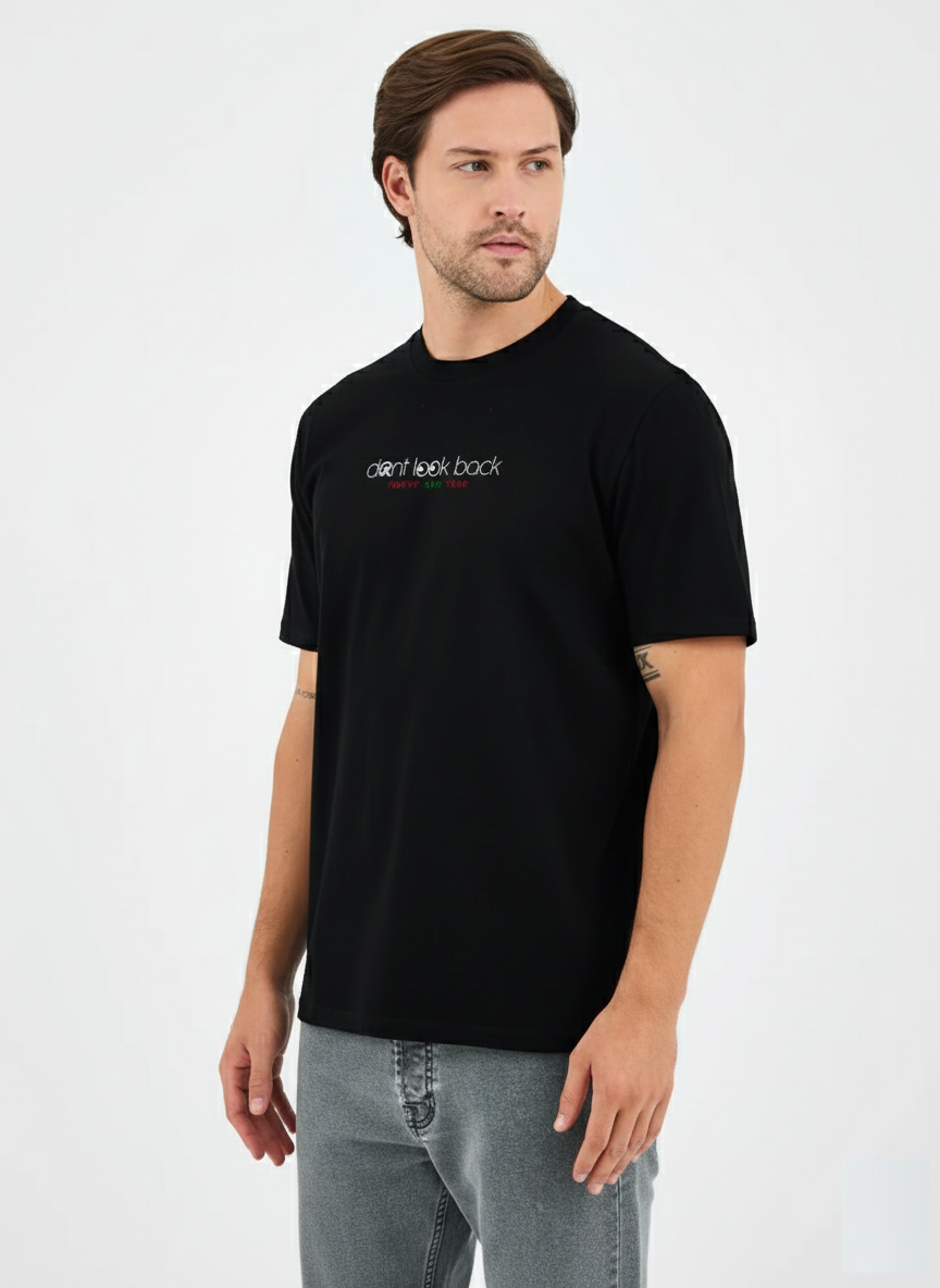 Unisex Siyah Yazı Baskılı Oversize Organik Pamuklu T-Shirt - Happy New Year