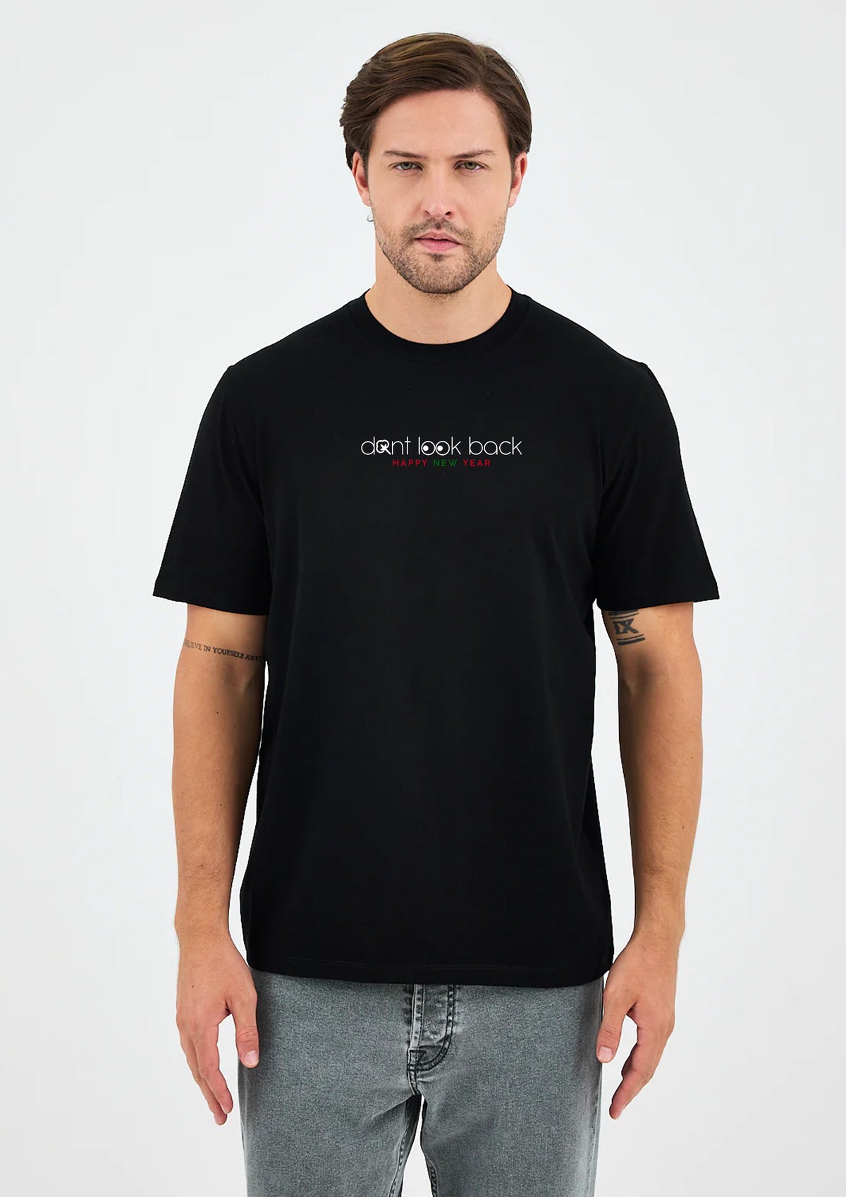 Unisex Siyah Yazı Baskılı Oversize Organik Pamuklu T-Shirt - Happy New Year