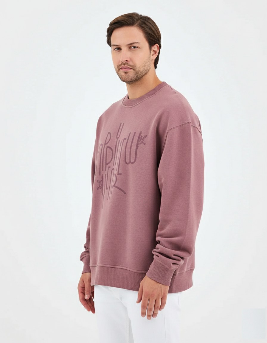 Unisex Gül Kurusu Yazı Baskılı Oversize Sweatshirt - Organik Pamuklu Happy New Year
