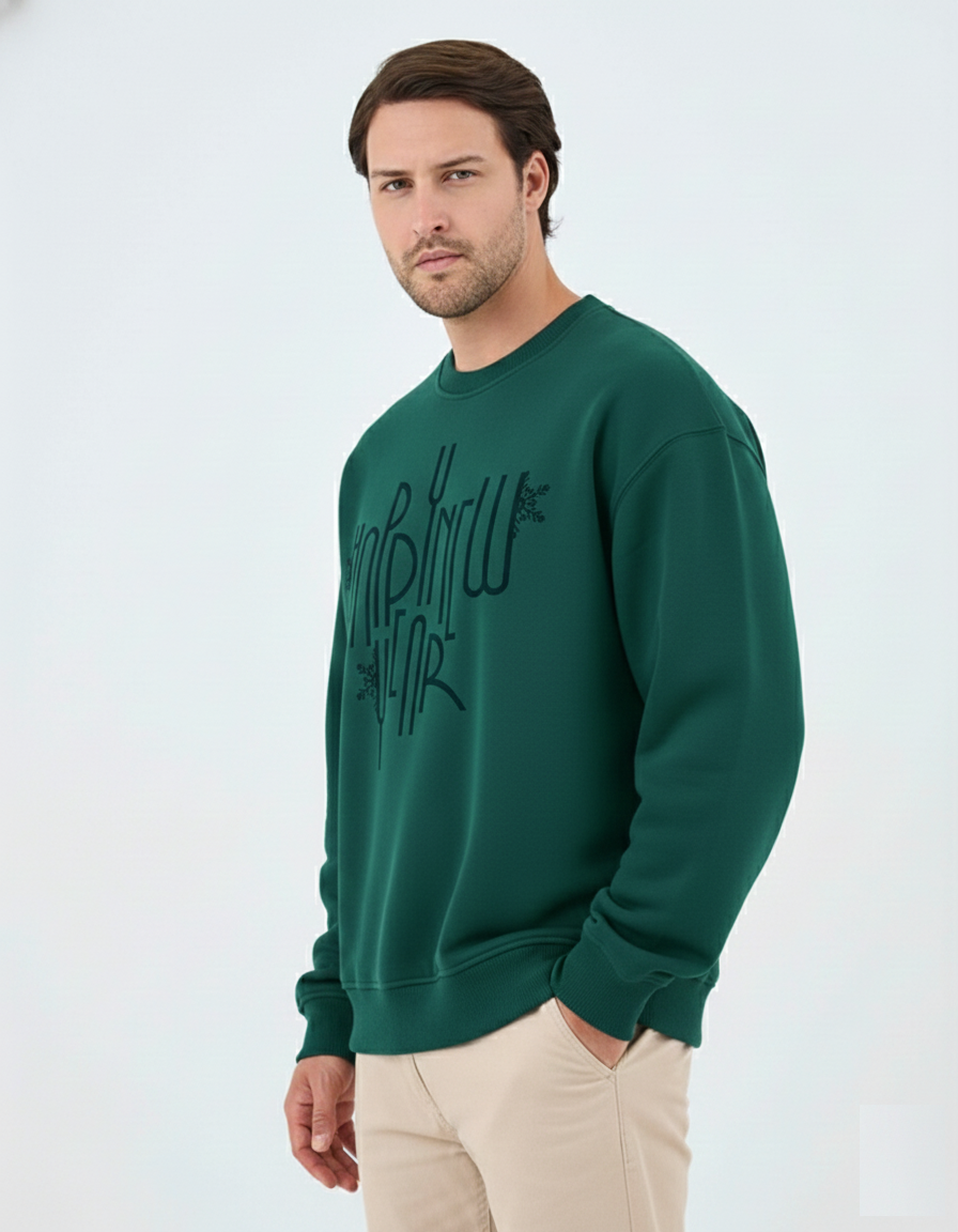 Unisex Turkuaz Yeşili Yazı Baskılı Oversize Sweatshirt - Organik Pamuklu Happy New Year