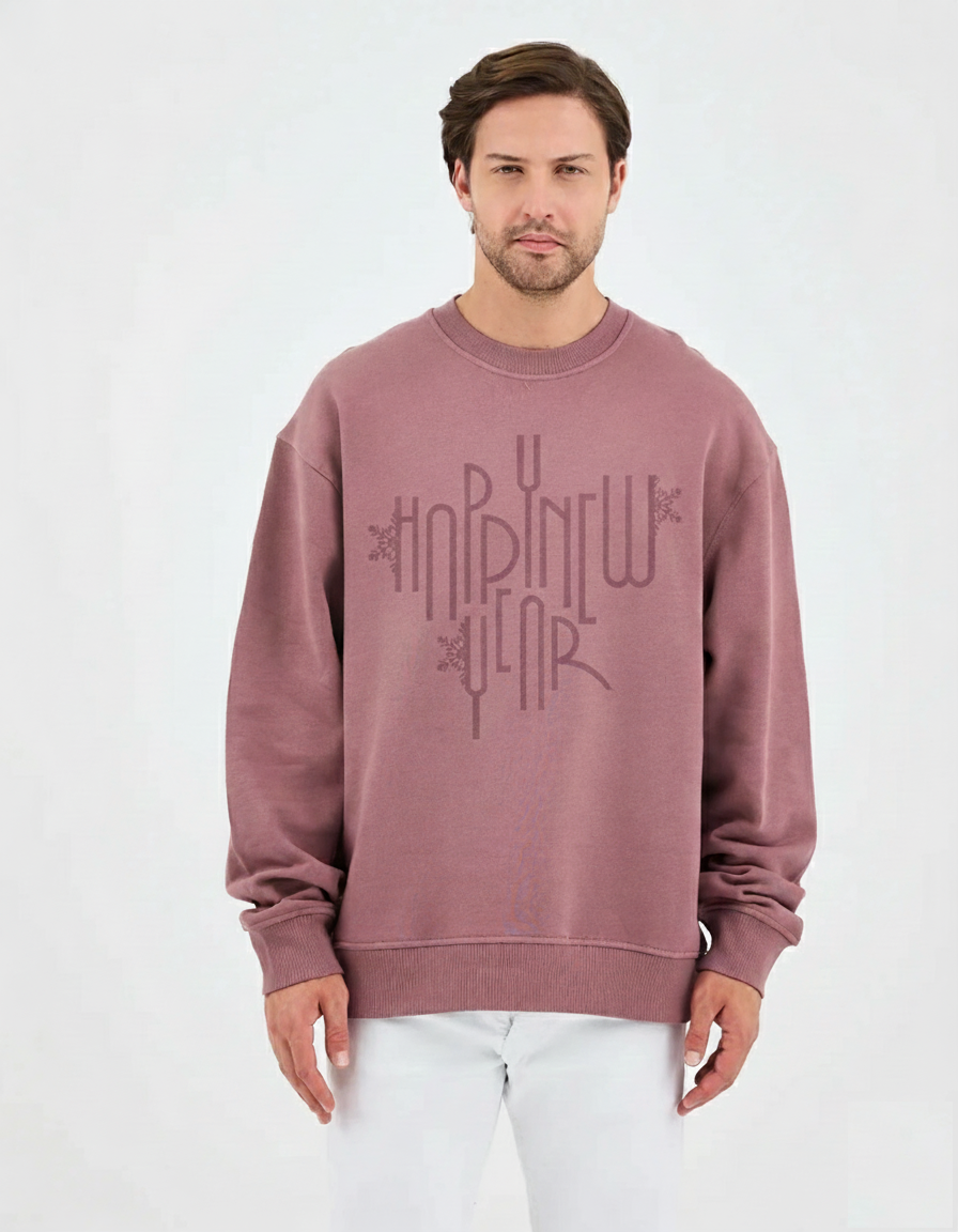 Unisex Gül Kurusu Yazı Baskılı Oversize Sweatshirt - Organik Pamuklu Happy New Year