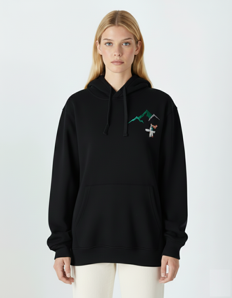Unisex Siyah Nakışlı Oversize Sweatshirt - Organik Pamuklu Happy New Year